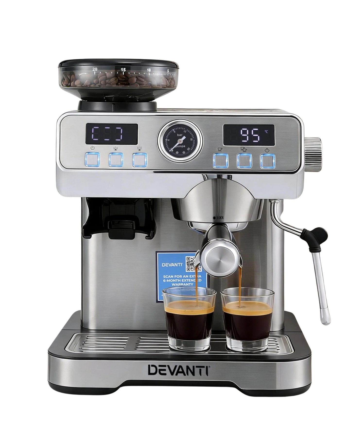 Devanti Coffee Machine Espresso Latte Maker with Grinder Milk Frother Steam Wand