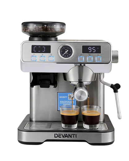 Devanti Coffee Machine Espresso Latte Maker with Grinder Milk Frother Steam Wand