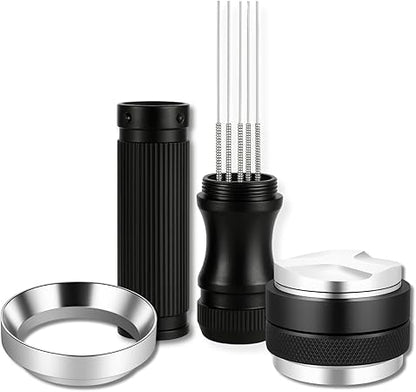 Dejess 51mm espresso accessories kit including distributor tamper WDT tool and dosing ring on white background