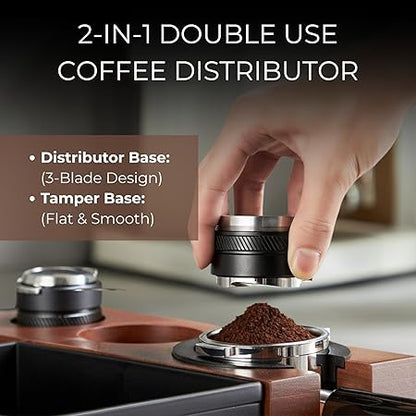 Close-up of Dejess 2-in-1 stainless steel espresso distributor and tamper 51mm showing adjustable base