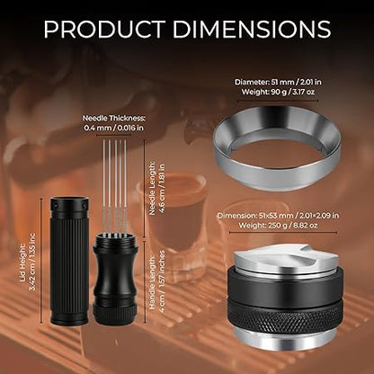 Dejess WDT Weiss distribution tool with fine needles for espresso puck preparation on wooden surface