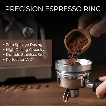 51mm dosing ring placed on espresso portafilter basket showing compatibility for home barista use
