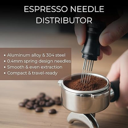Complete Dejess espresso puck prep kit laid out flat showing all four tools included in the set