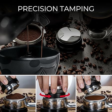 Home barista using Dejess 51mm tamper and distributor kit to prepare espresso shot on countertop machine