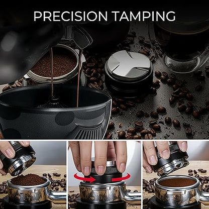 Home barista using Dejess 51mm tamper and distributor kit to prepare espresso shot on countertop machine
