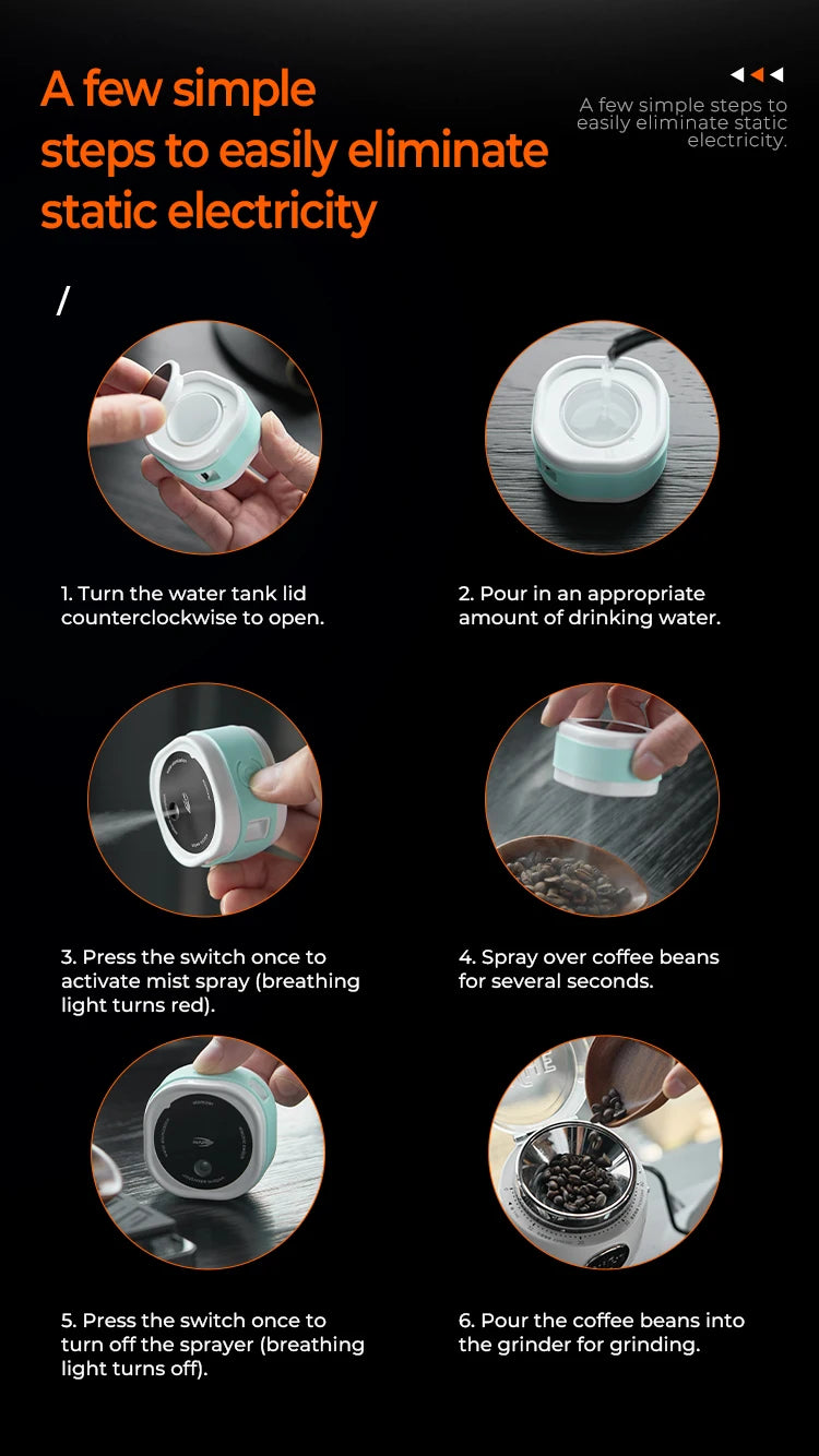 IKAPE coffee grinder spray bottle in use spraying fine mist onto whole coffee beans