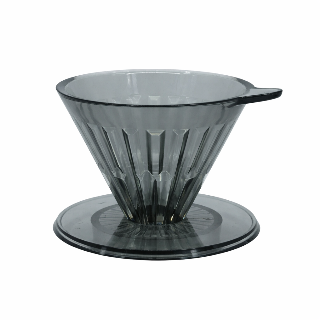 Timemore Crystal Eye single serve smoke dripper in use brewing pour over specialty coffee into glass server