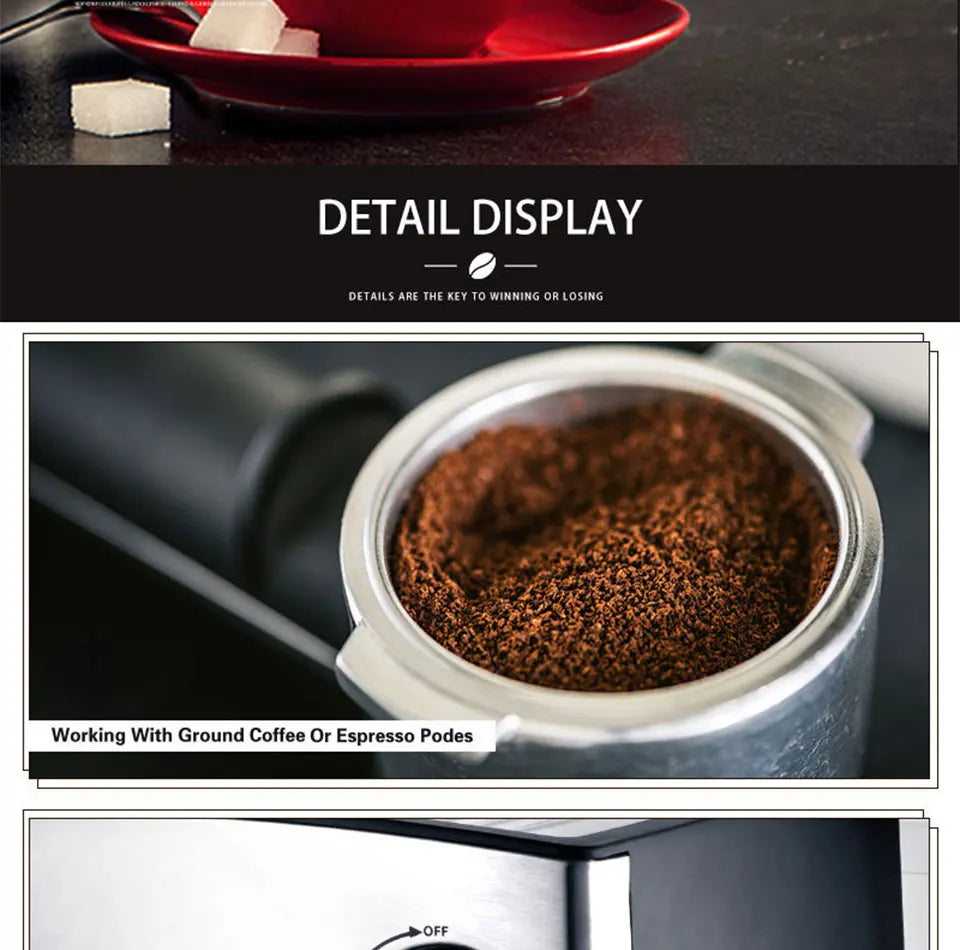 Semi-Automatic Espresso Machine – Built-in Grinder, Steam Wand, 15 Bar, Home & Office