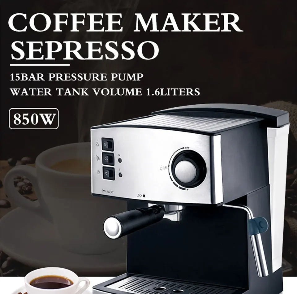 Semi-Automatic Espresso Machine – Built-in Grinder, Steam Wand, 15 Bar, Home & Office