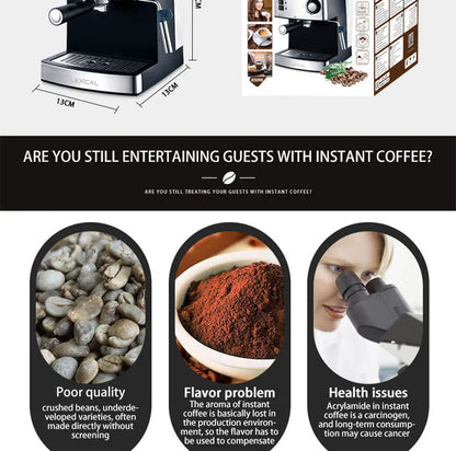 Semi-Automatic Espresso Machine – Built-in Grinder, Steam Wand, 15 Bar, Home & Office