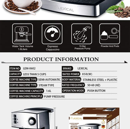 Semi-Automatic Espresso Machine – Built-in Grinder, Steam Wand, 15 Bar, Home & Office