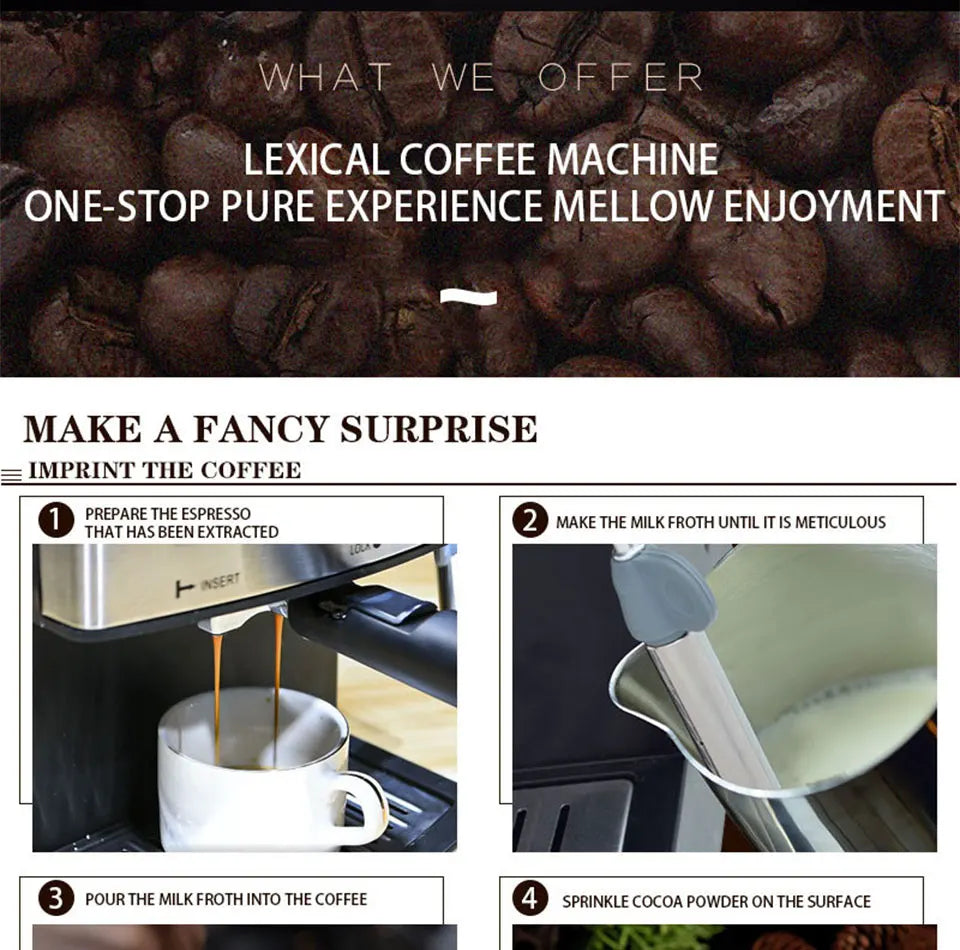 Semi-Automatic Espresso Machine – Built-in Grinder, Steam Wand, 15 Bar, Home & Office