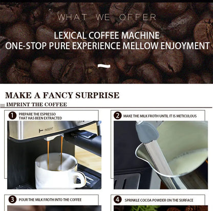 Semi-Automatic Espresso Machine – Built-in Grinder, Steam Wand, 15 Bar, Home & Office