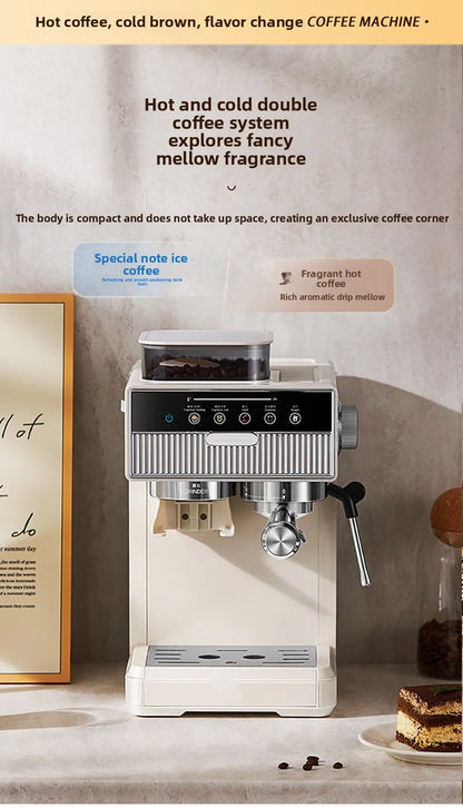 Front view of Dejess LCD espresso machine with touch controls highlighted on white background