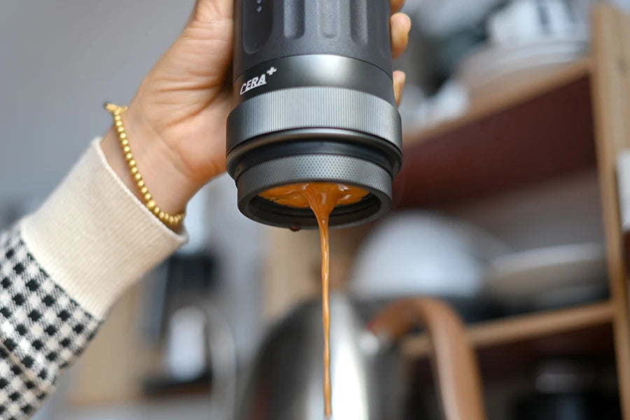 Italian espresso machine PCM03S MAX producing double espresso shot with thick golden crema