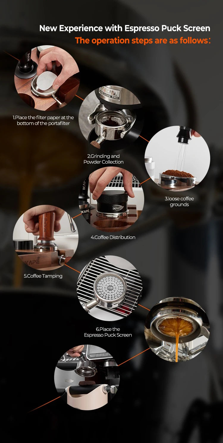 IKAPE V2 puck screen 58mm next to espresso tamper and distribution tool accessories