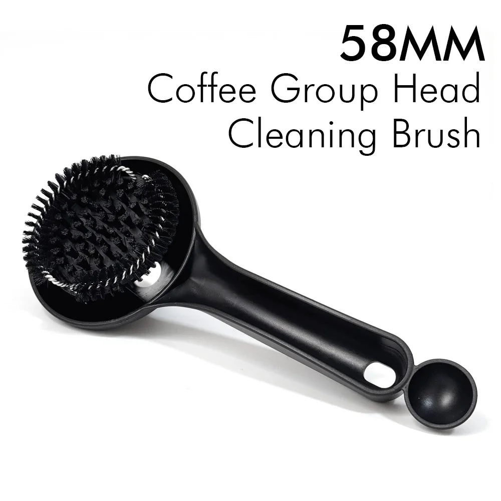 Espresso machine brush product lifestyle shot on wooden café counter with coffee beans