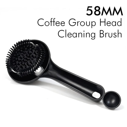 Espresso machine brush product lifestyle shot on wooden café counter with coffee beans