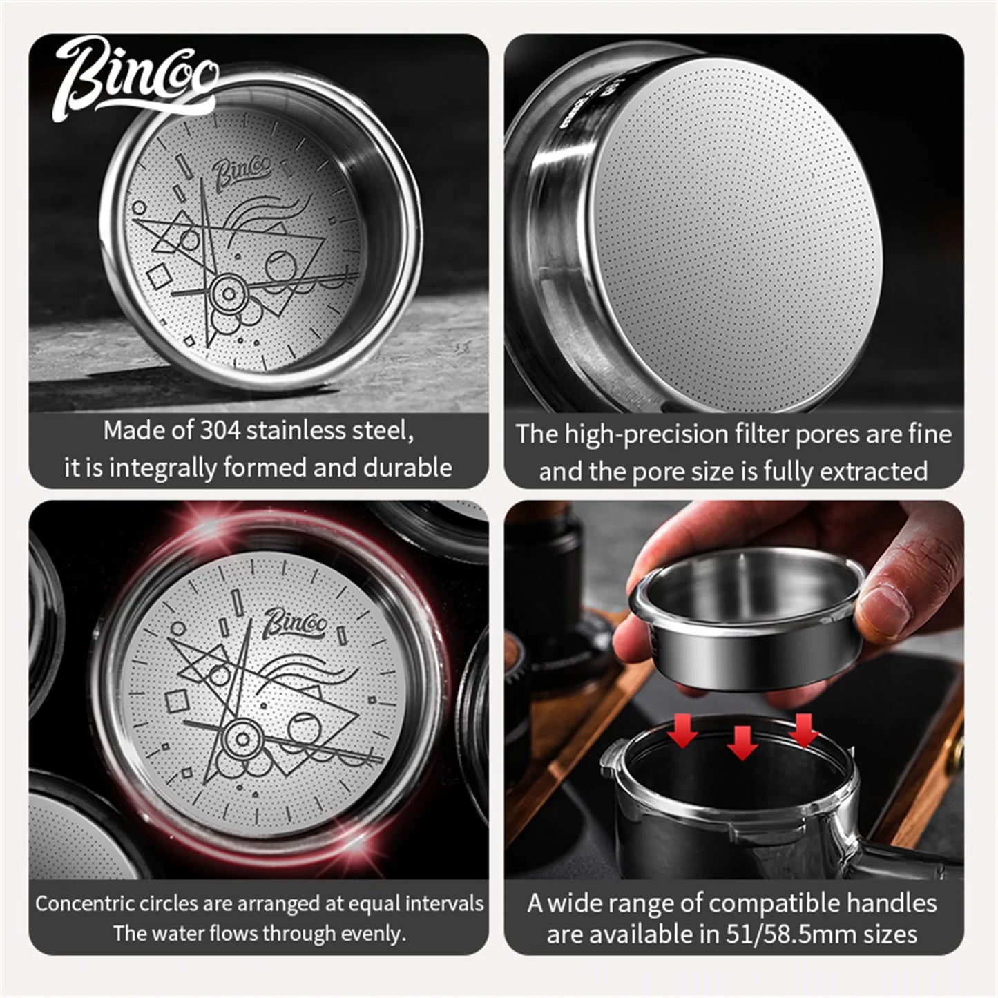 BINCOO Precision High Extraction Matrix Basket Filter，Micro Sieve Filter Basket Stainless Steel Portafilter Basket for 51/58.5mm