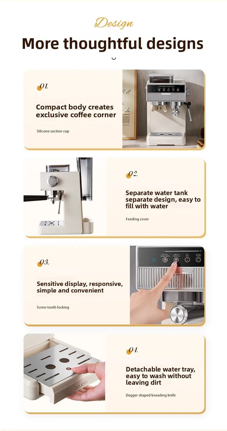 3-in-1 coffee machine grinds coffee beans+steam milk foam +15Bar espresso automatic cleaning, 20-gear grinding, LCD touch screen