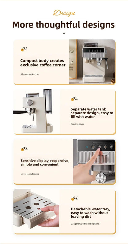 3-in-1 coffee machine grinds coffee beans+steam milk foam +15Bar espresso automatic cleaning, 20-gear grinding, LCD touch screen