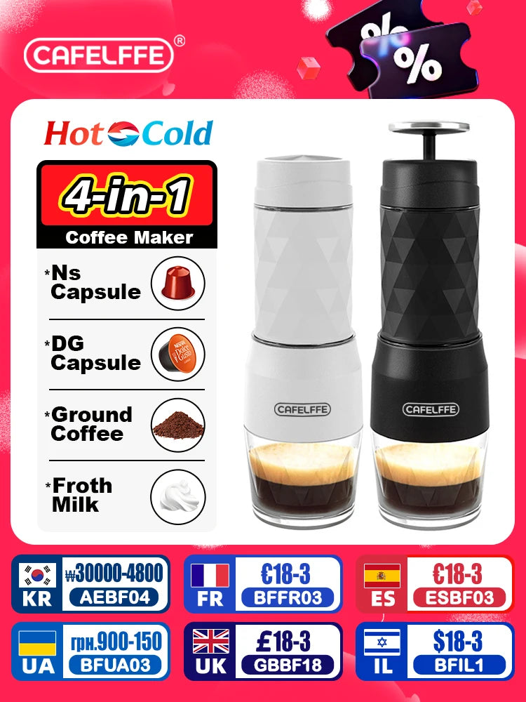 Dejess 3-in-1 portable espresso maker compact hand press travel coffee machine full product view