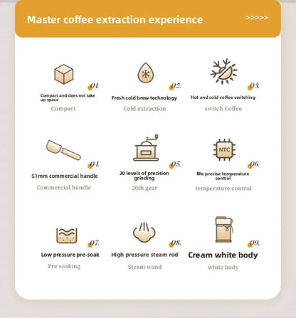 3-in-1 coffee machine grinds coffee beans+steam milk foam +15Bar espresso automatic cleaning, 20-gear grinding, LCD touch screen