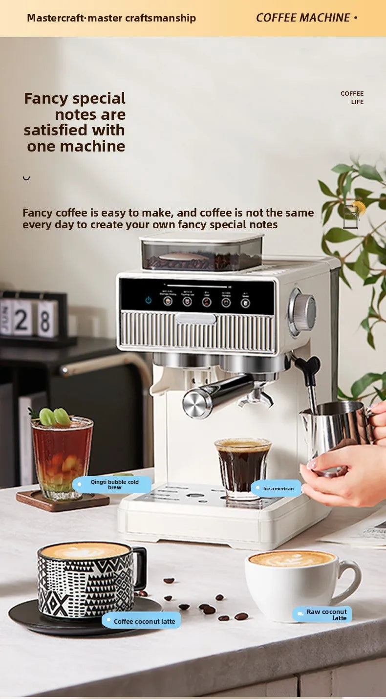 Overhead flat lay of Dejess espresso machine with grinder, coffee beans, and espresso cup