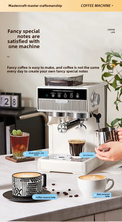 Overhead flat lay of Dejess espresso machine with grinder, coffee beans, and espresso cup