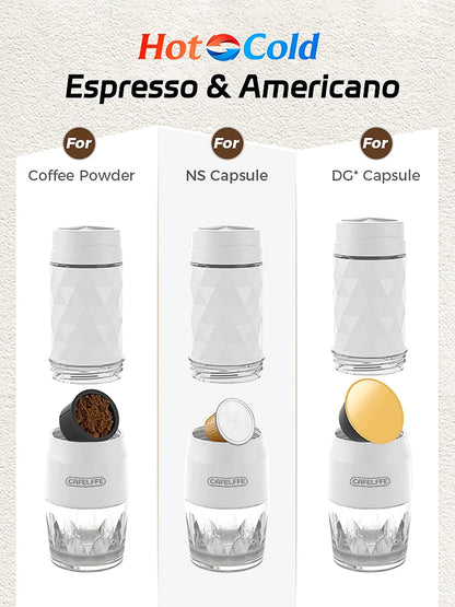 Dejess portable espresso maker with Nespresso capsule inserted showing capsule compatibility feature
