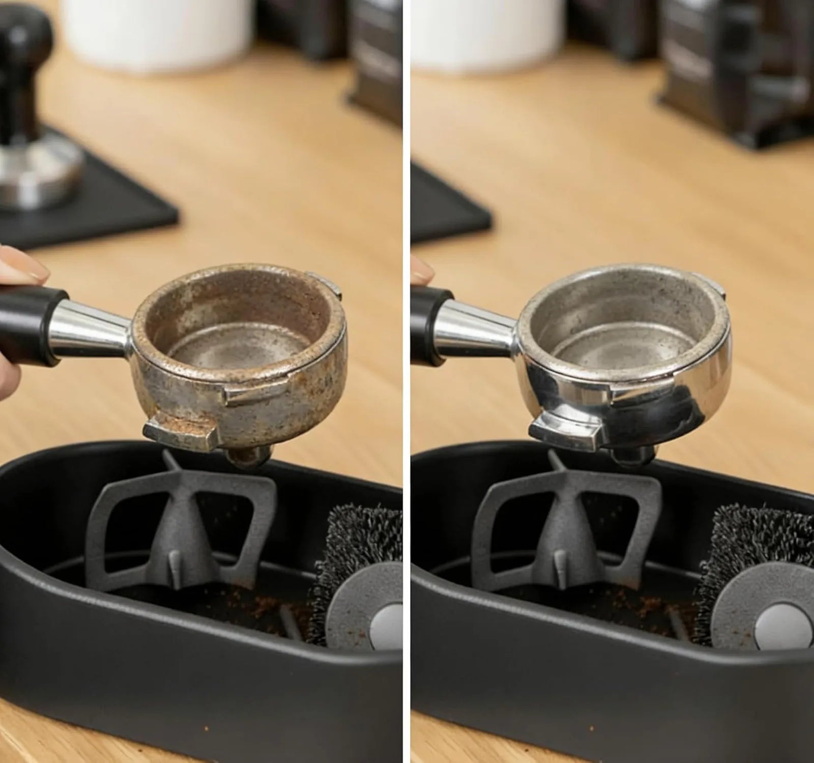 Side view of Dejess wine barrel stainless steel coffee grounds catcher for espresso station