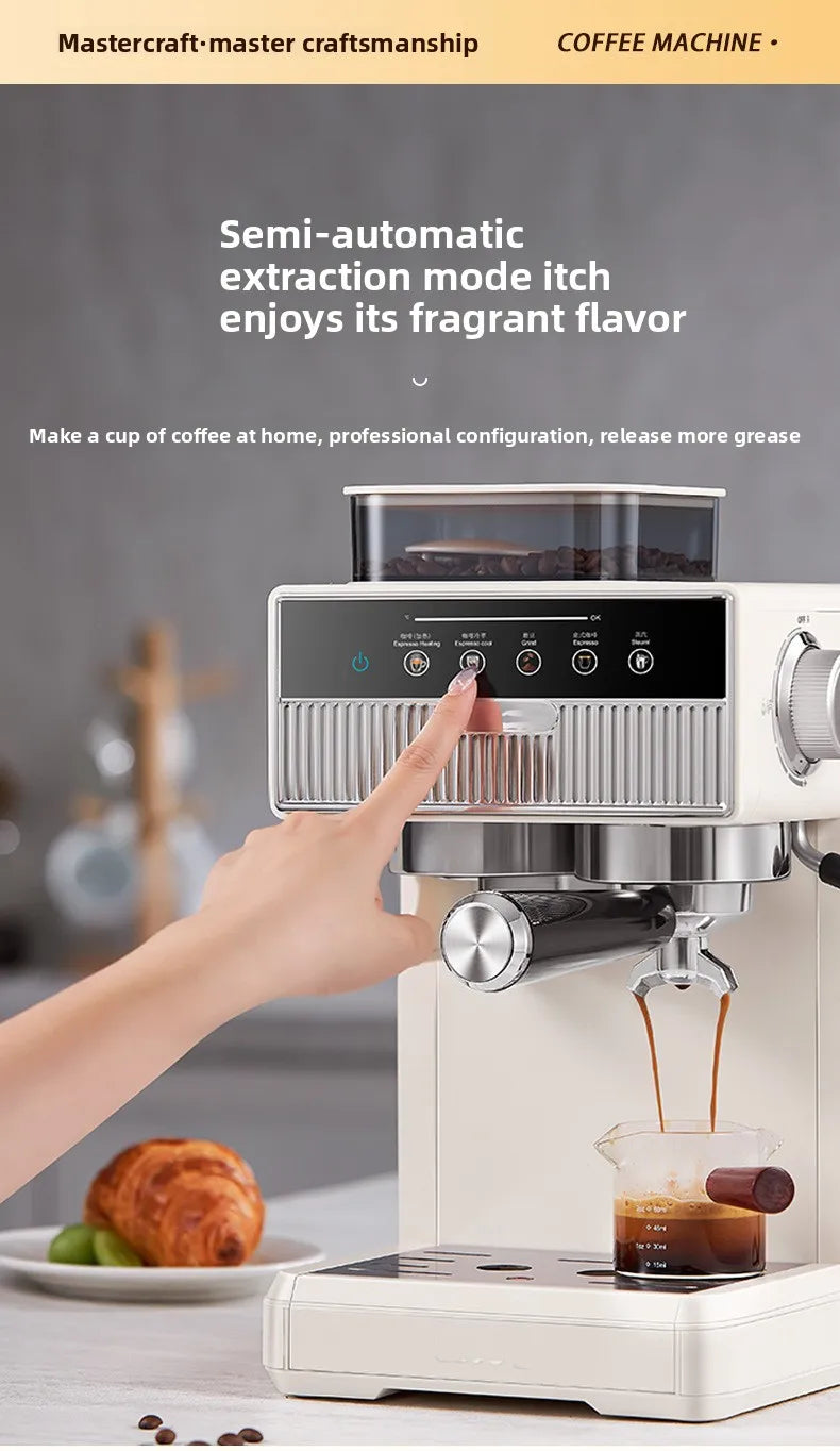 3-in-1 coffee machine grinds coffee beans+steam milk foam +15Bar espresso automatic cleaning, 20-gear grinding, LCD touch screen