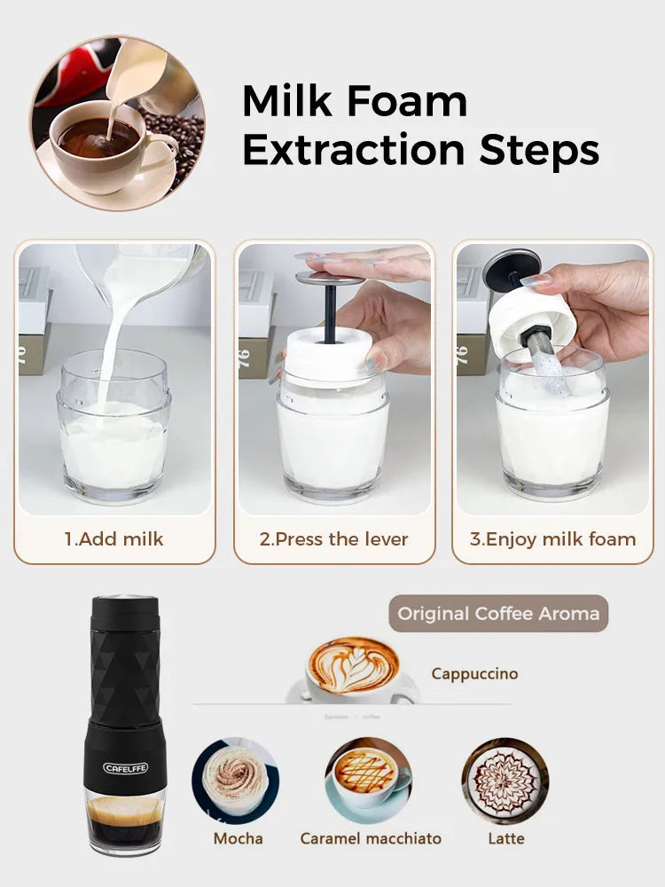 Hand press travel coffee maker being operated manually demonstrating no-electricity espresso brewing