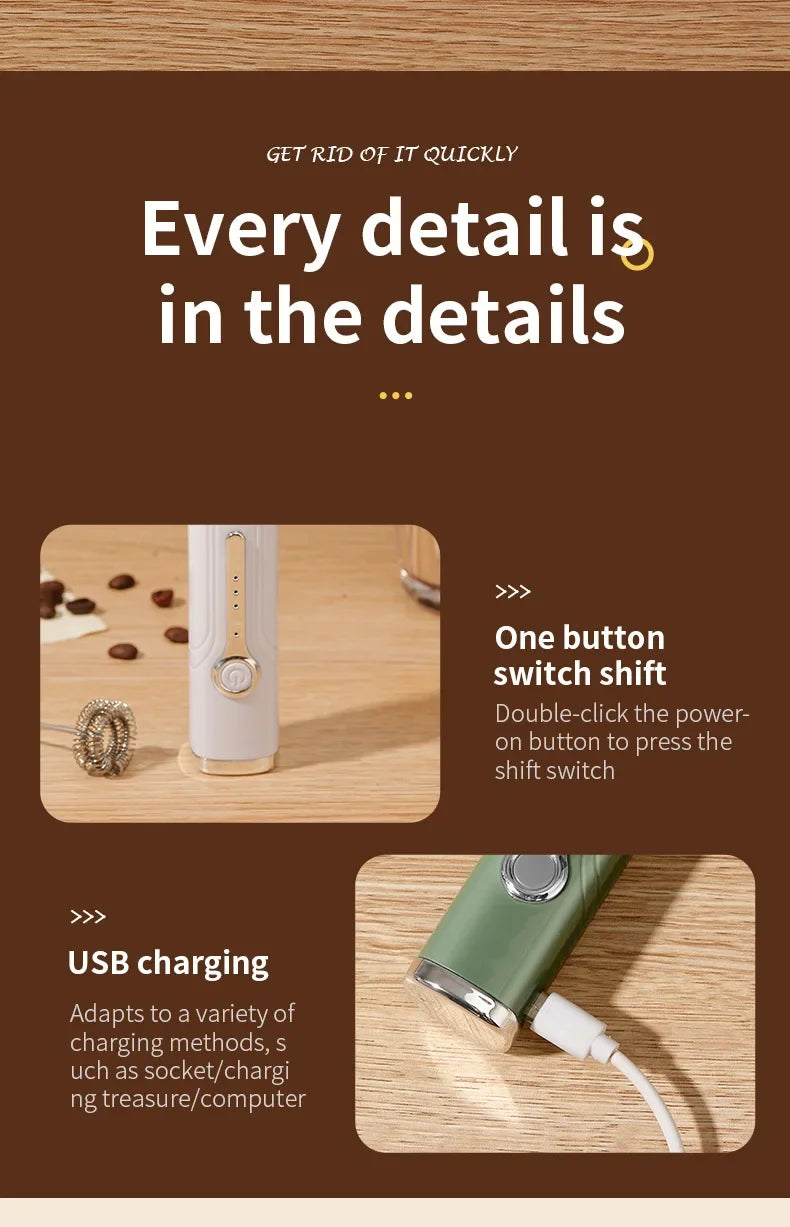 Wireless Type-C Rechargeable 3-speed Mini Handheld Milk Frother Coffee Frother Portable Kitchen Cooking Tools Whisk Foam Blender