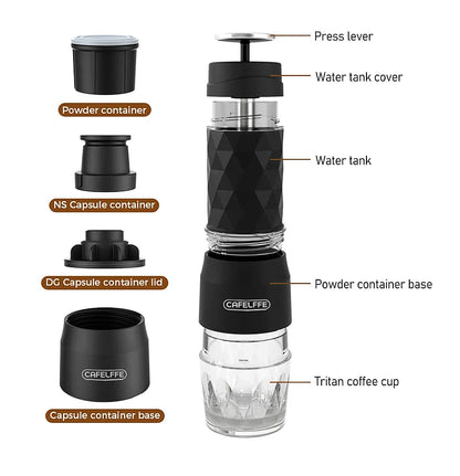 Dejess travel espresso maker next to competitor size comparison highlighting ultra-compact form