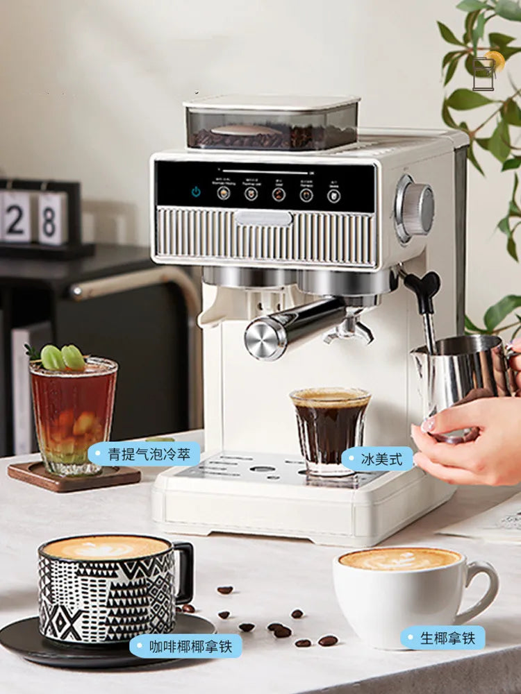 Close-up of Dejess espresso machine LCD touch screen showing brew settings and controls