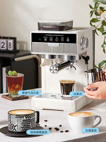 Close-up of Dejess espresso machine LCD touch screen showing brew settings and controls