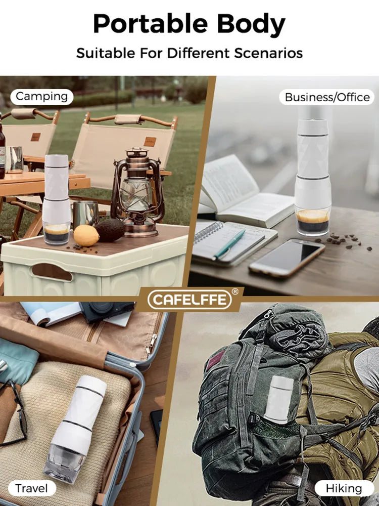 Dejess portable coffee maker brewing espresso shot into small glass on wooden surface