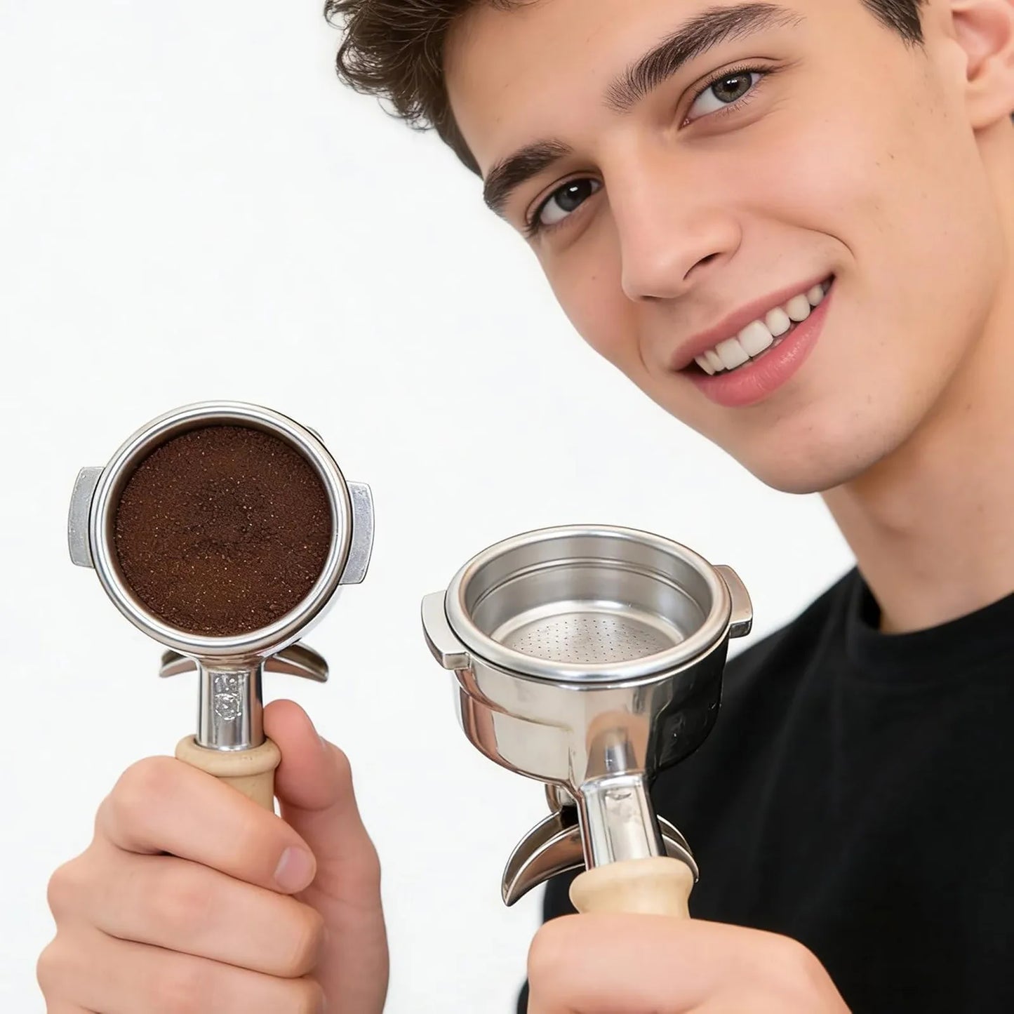 Portafilter brush in holder next to espresso machine demonstrating barista cleaning kit in use
