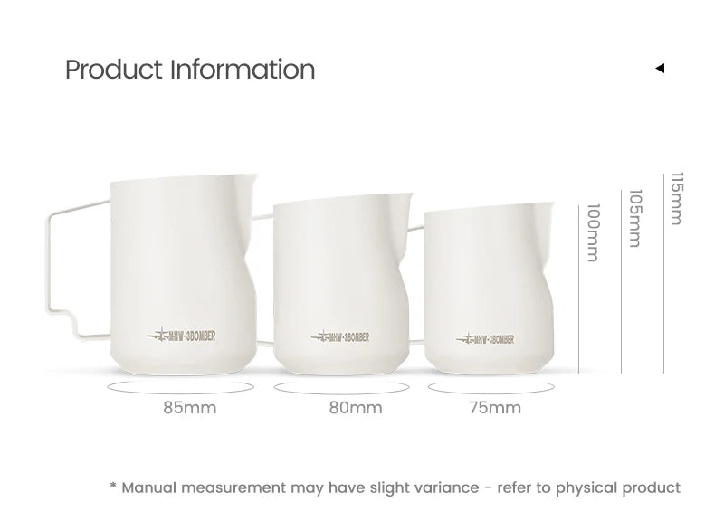 MHW-3BOMBER frothing pitcher with freshly steamed microfoam milk close-up