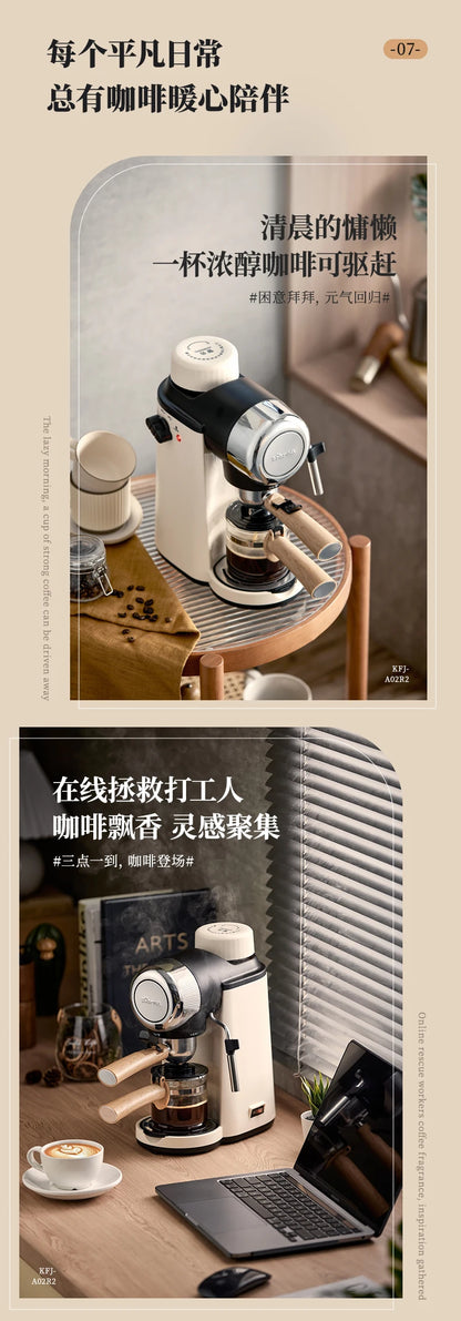 Blue Dejess espresso machine with grinder and steam wand in use