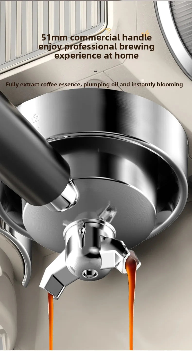 Close-up of Dejess 15 bar portafilter and group head on stainless steel espresso machine