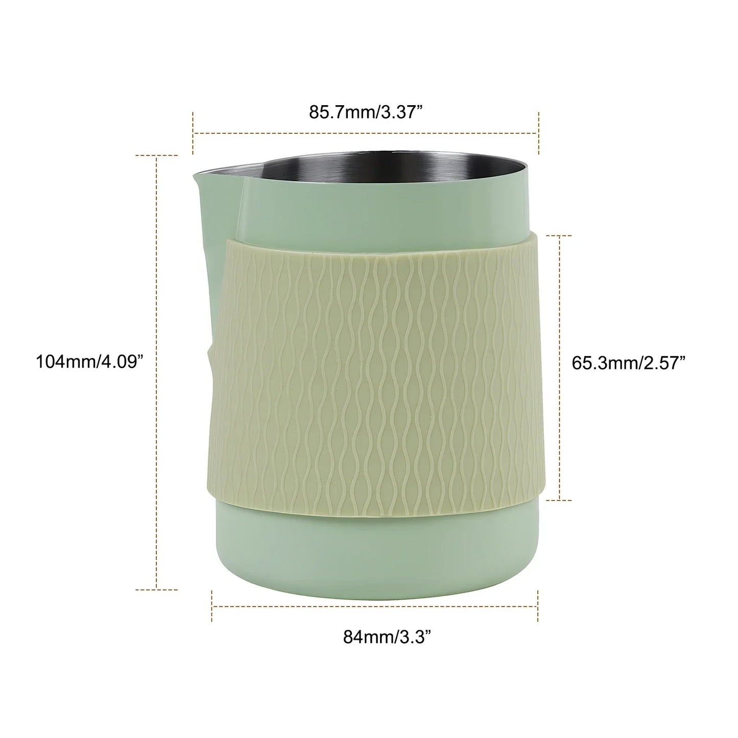 500ml IKAPE milk frothing jug compared against standard handled barista pitcher size reference