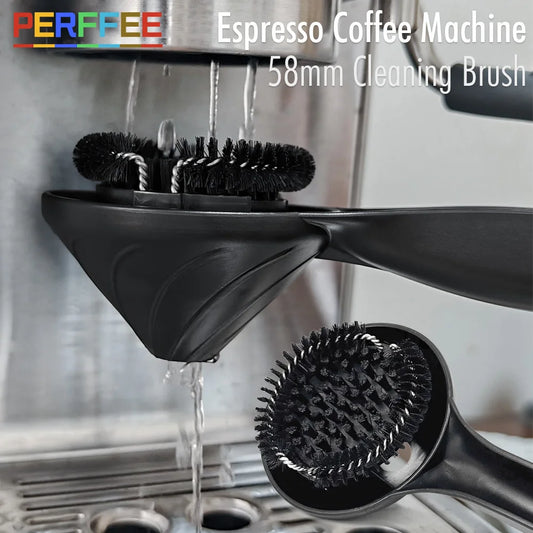 Dejess 58mm espresso group head cleaning brush front view on white background