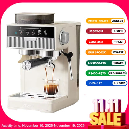 3-in-1 coffee machine grinds coffee beans+steam milk foam +15Bar espresso automatic cleaning, 20-gear grinding, LCD touch screen