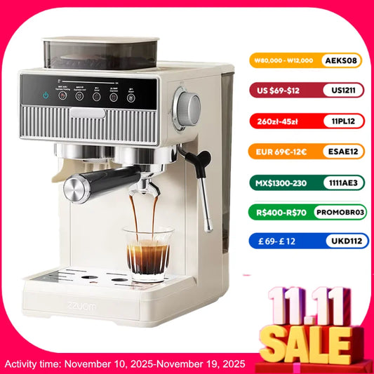 3-in-1 coffee machine grinds coffee beans+steam milk foam +15Bar espresso automatic cleaning, 20-gear grinding, LCD touch screen