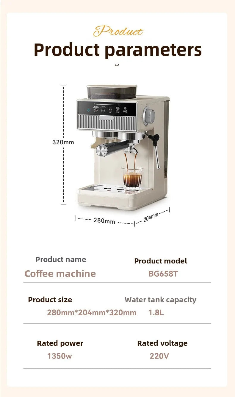 Dejess espresso machine package contents including portafilter, tamper, and accessories