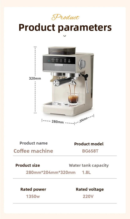 Dejess espresso machine package contents including portafilter, tamper, and accessories