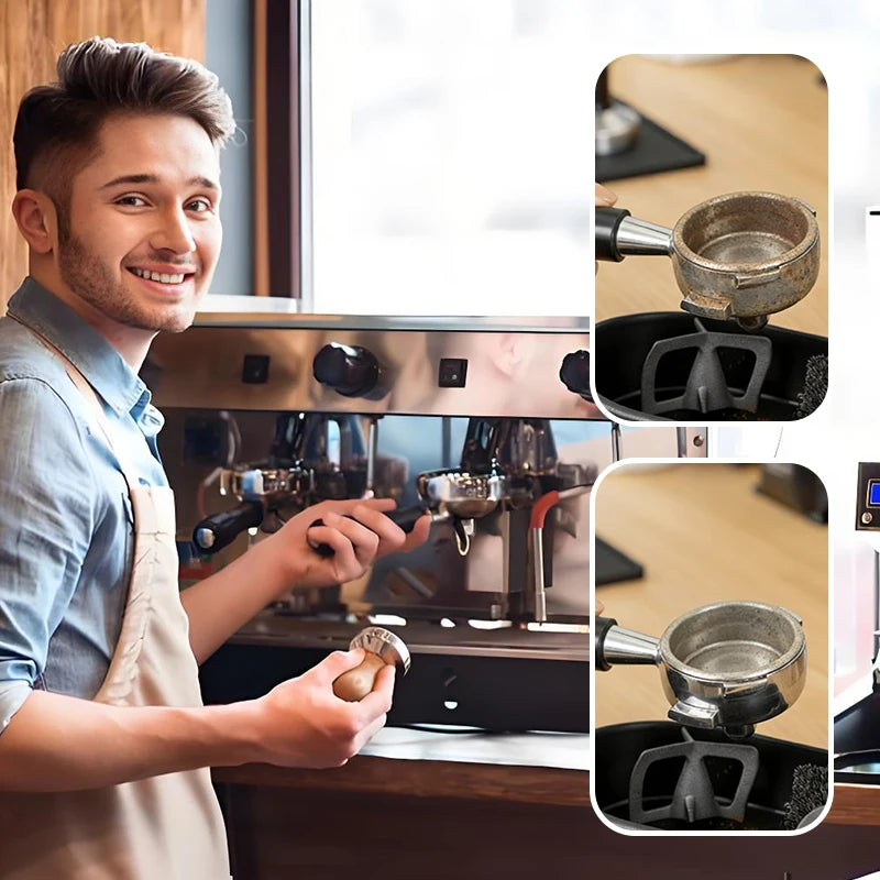Portafilter holder with spent coffee puck mid-ejection into electric knock box bin