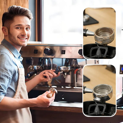 Portafilter holder with spent coffee puck mid-ejection into electric knock box bin